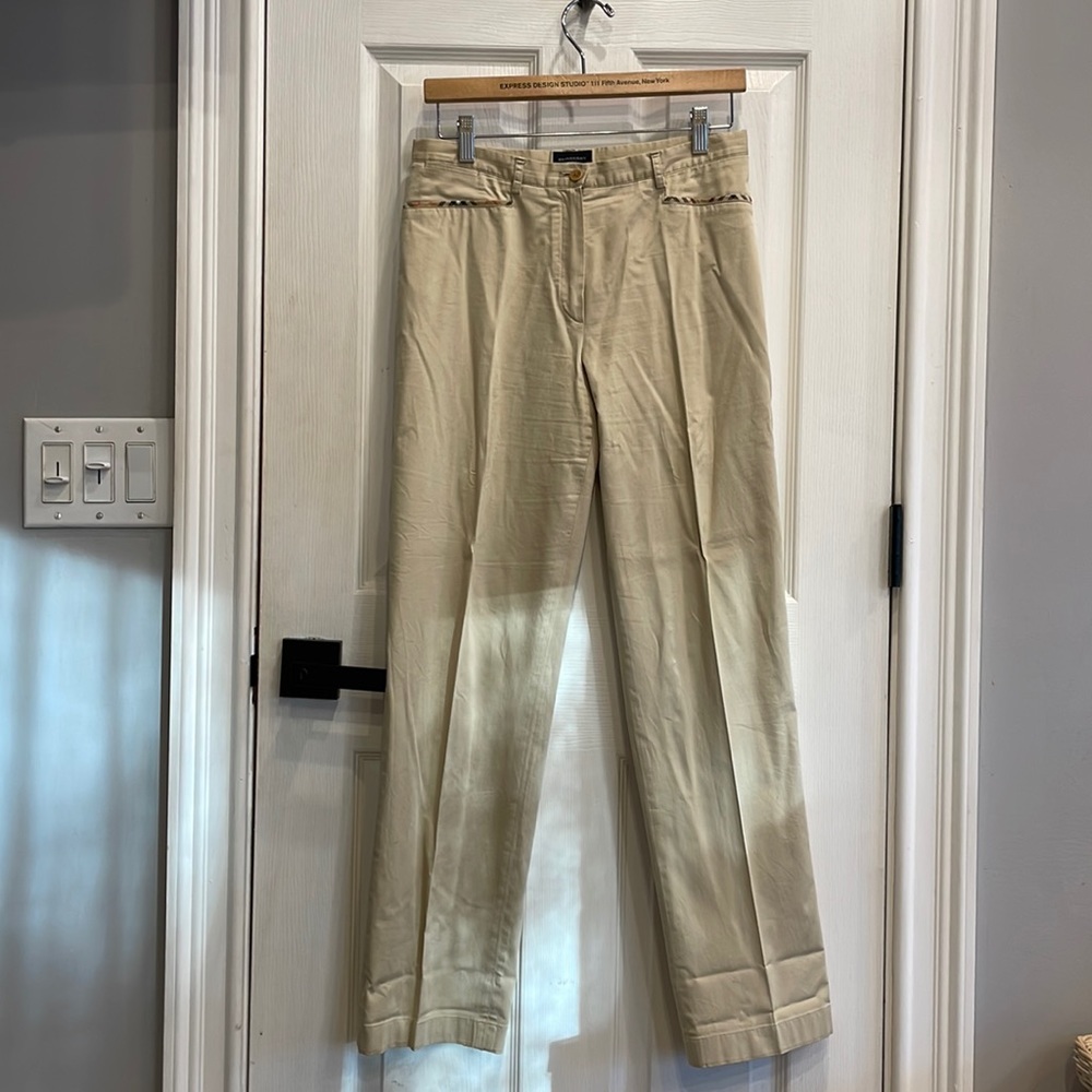 Burberry Golf Pants. Tan with Burberry plaid trim. Size 6.